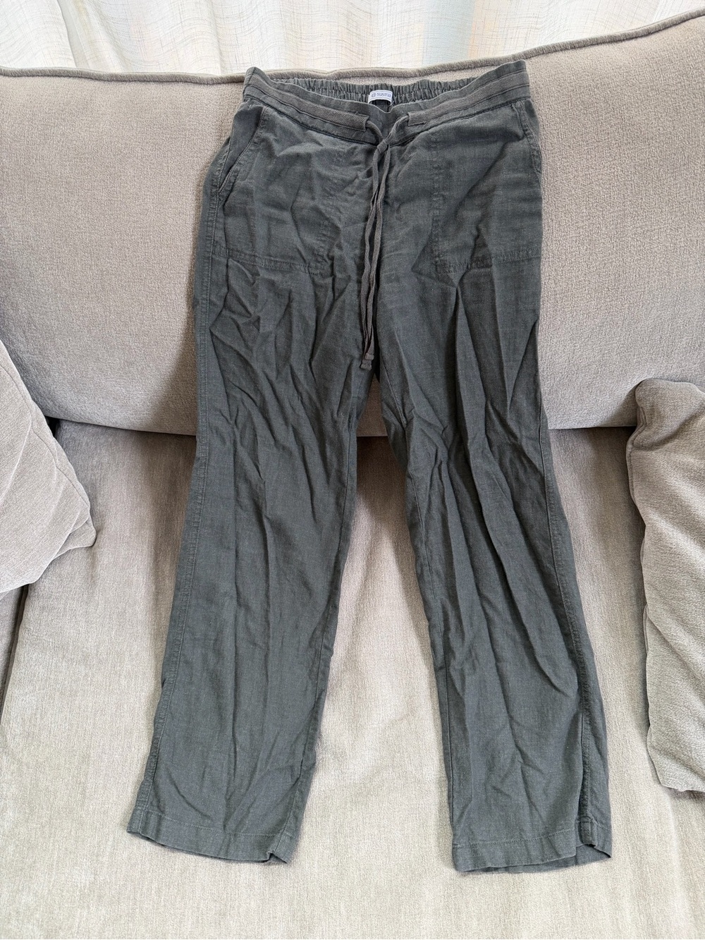 Susina Olive Green Linen Straight-Leg Drawstring Pants